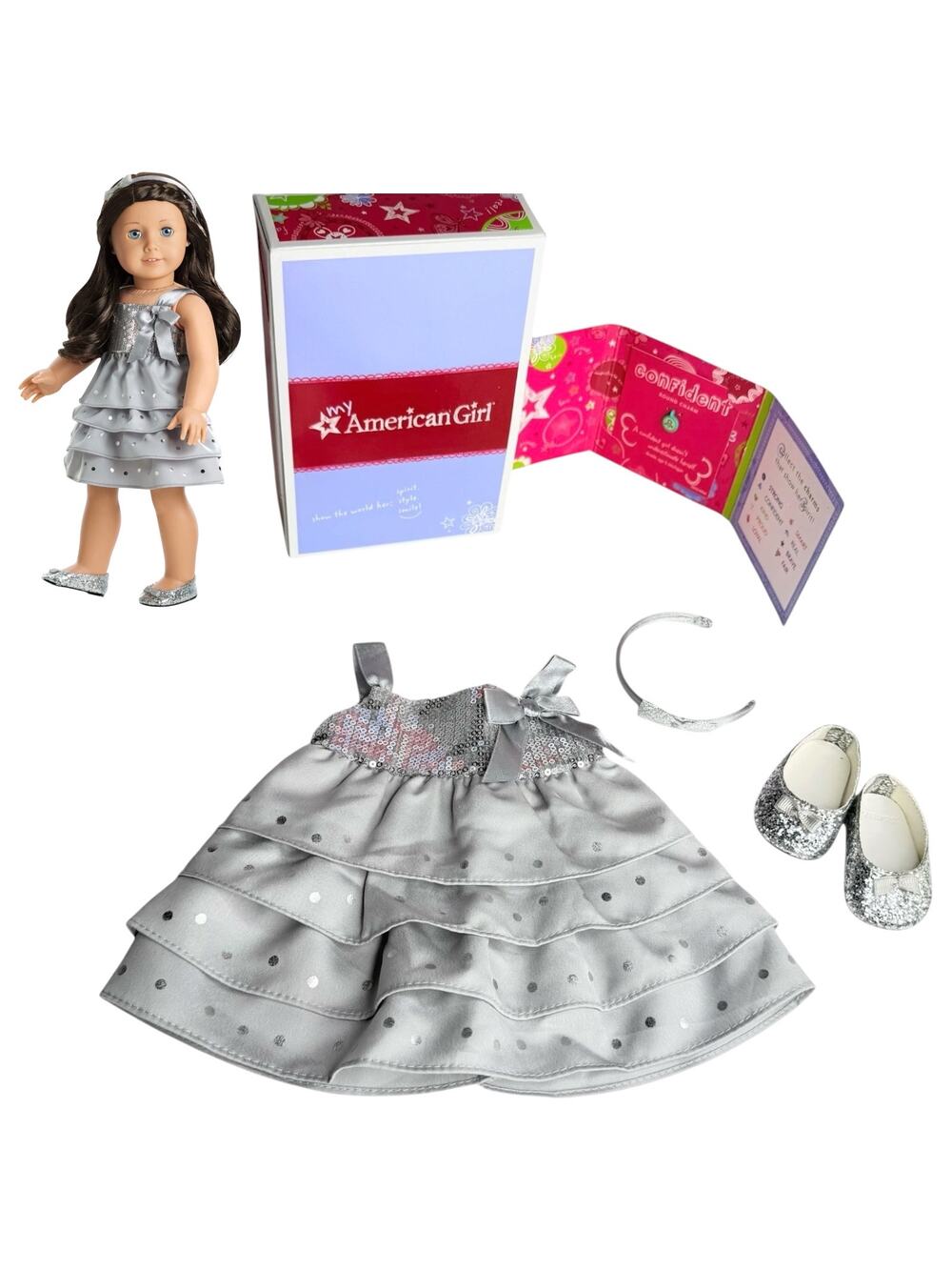 American Girl Silver Shimmer Dress Outfit Glitter Shoes Doll Headband Charm Box